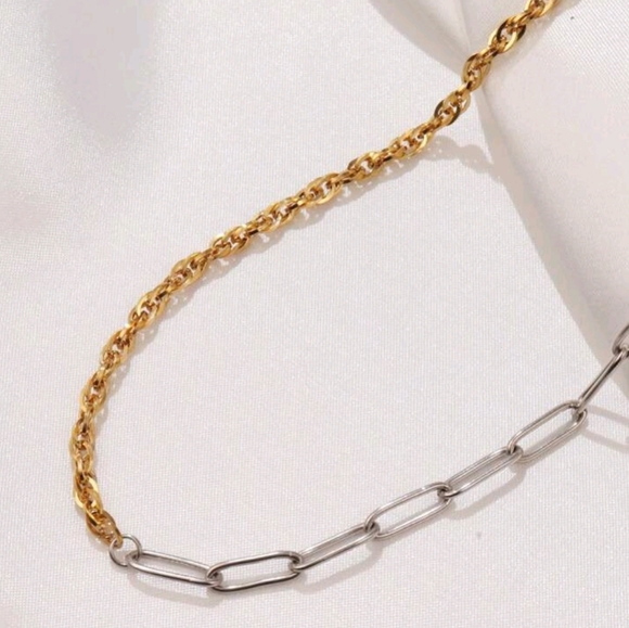 NEW Two Tone Asymmetrical Stainless Steel Adjustable Necklace - Picture 1 of 1